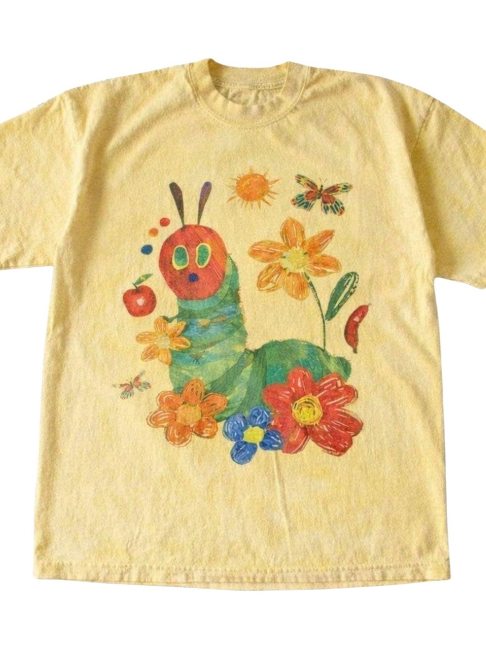 Gildan Yellow T-Shirt with Colorful Caterpillar & Floral Print